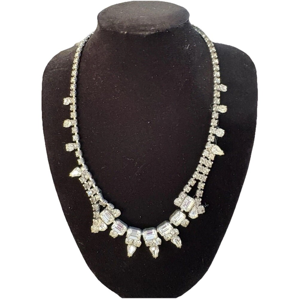 Vintage Garne Rhinestone Necklace Emerald Cut Dangle Silver Tone Statement